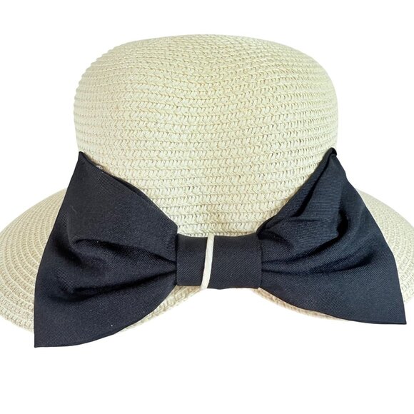 Royal Beige Straw Sun Hat Ponytail Notch Black Bow Beach Cruise Life Fashion - Picture 9 of 11